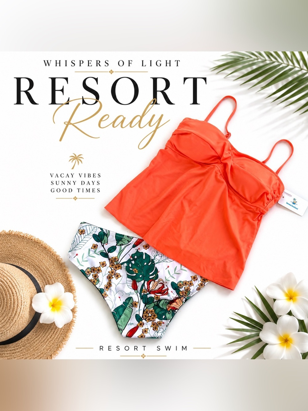 Beachsissi NWT Two Piece Tankini Swimsuit | Neon Coral Tropical Print Bikini Set